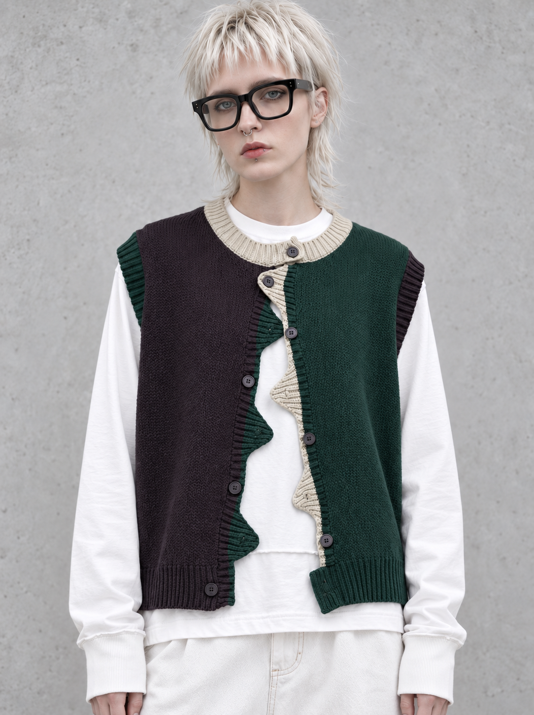 Asymmetric Two-Tone Knitted Vest-SimpleModerne