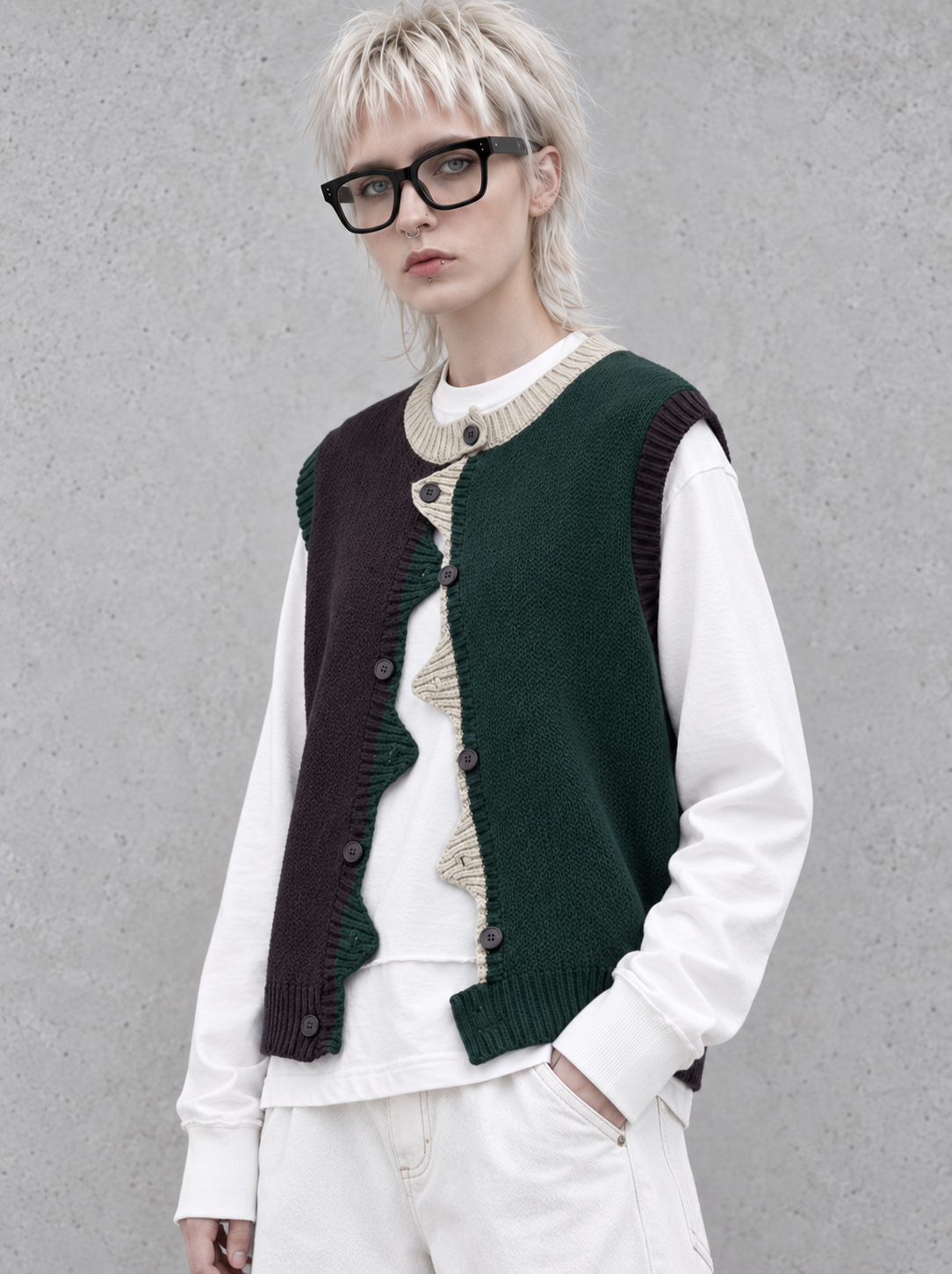Asymmetric Two-Tone Knitted Vest-SimpleModerne