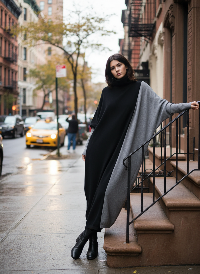 Oversized Knit Pullover Dress – Colorblock Black & Grey | Casual Minimal Goth-SimpleModerne