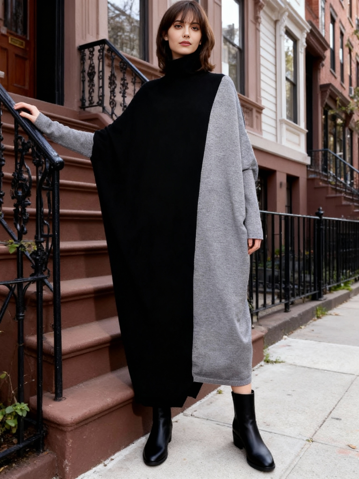 Oversized Knit Pullover Dress – Colorblock Black & Grey | Casual Minimal Goth-SimpleModerne