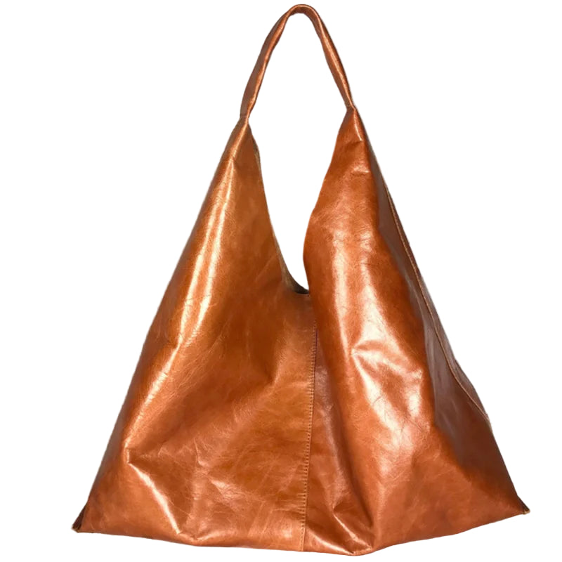Oversized Vintage Cowhide Shopper – Handmade Leather Tote with Canvas Pouch (Cognac Brown)-SimpleModerne