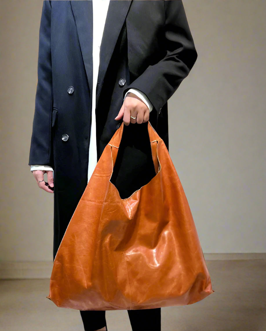 Oversized Vintage Cowhide Shopper – Handmade Leather Tote with Canvas Pouch (Cognac Brown)-SimpleModerne