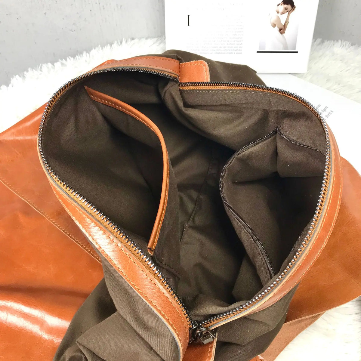 Oversized Vintage Cowhide Shopper – Handmade Leather Tote with Canvas Pouch (Cognac Brown)-SimpleModerne