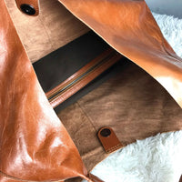 Oversized Vintage Cowhide Shopper – Handmade Leather Tote with Canvas Pouch (Cognac Brown)-SimpleModerne