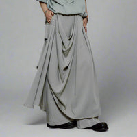 Draped Layered Wide-Leg Trousers – Soft Lightweight Fabric in Mist Grey & Black-SimpleModerne