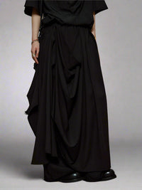 Draped Layered Wide-Leg Trousers – Soft Lightweight Fabric in Mist Grey & Black-SimpleModerne