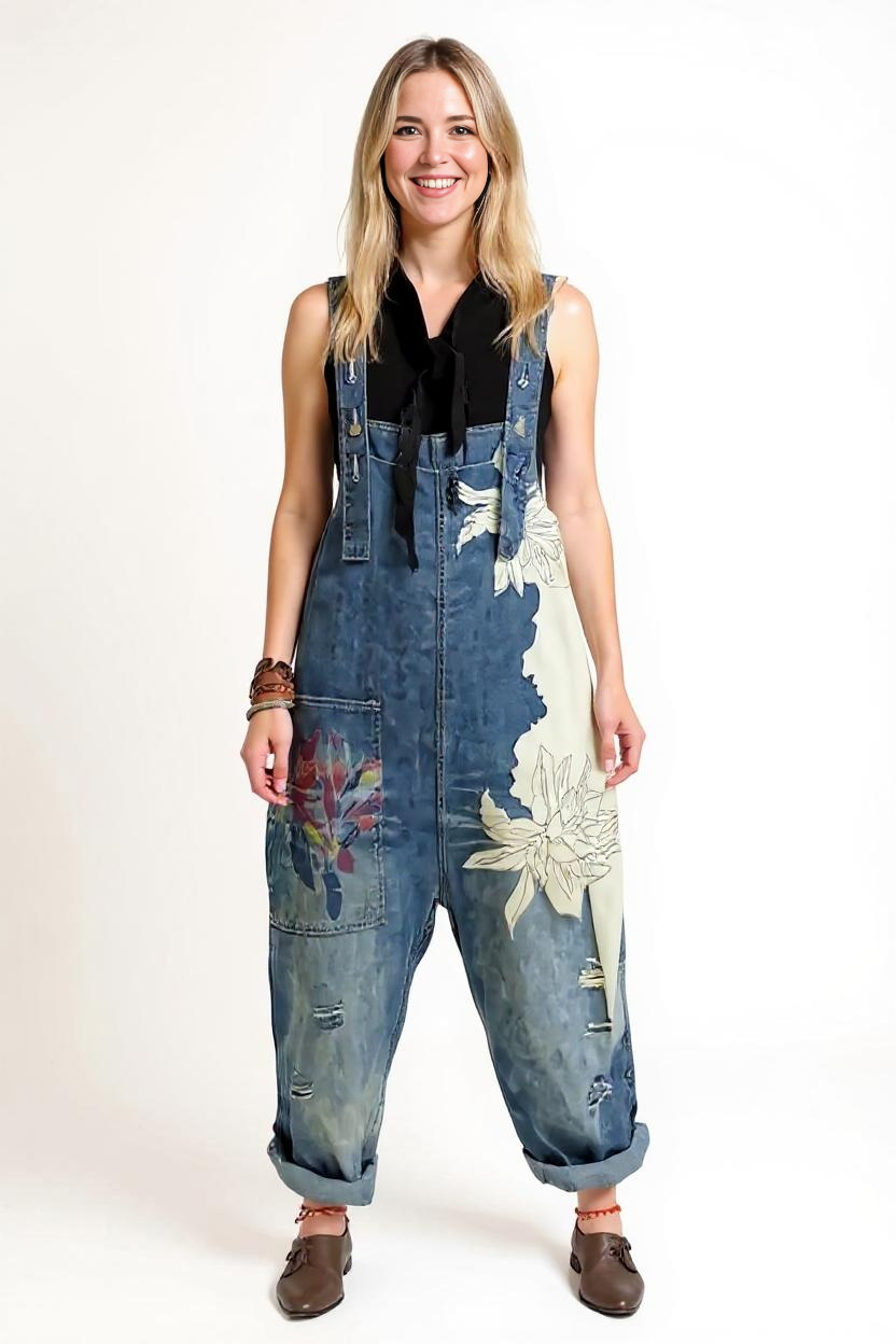 Vintage Oversized Capri Denim Overalls with Floral Print & Distressed Details-SimpleModerne