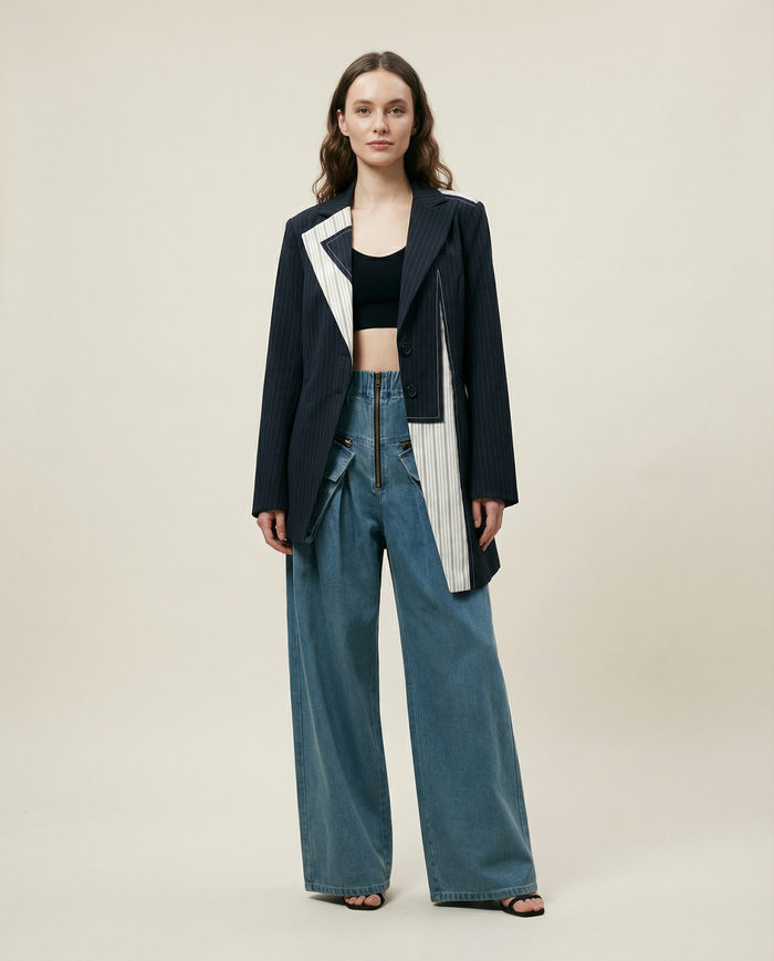 Asymmetrical Navy Blue Pinstripe Blazer with Contrast Panels-SimpleModerne