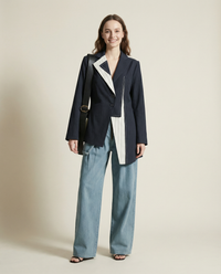 Asymmetrical Navy Blue Pinstripe Blazer with Contrast Panels-SimpleModerne