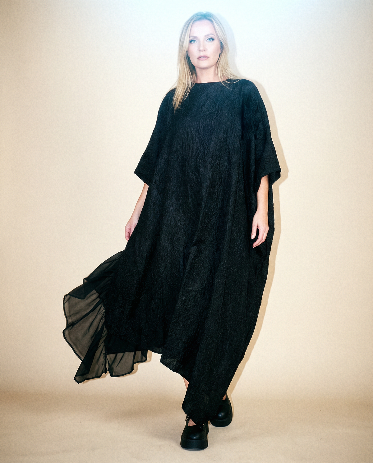 Urban Oversized Black Maxi Dress with Tulle Insert and 3D Textured Fabric-SimpleModerne