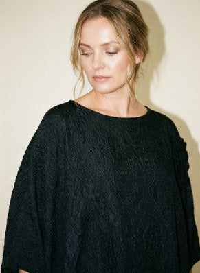 Urban Oversized Black Maxi Dress with Tulle Insert and 3D Textured Fabric-SimpleModerne
