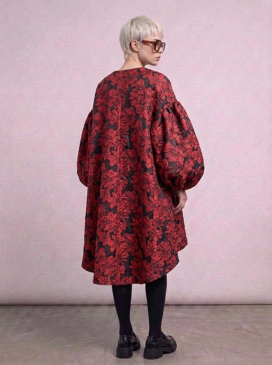 Red Floral Lantern Sleeve Asymmetrical Winter Dress – High-Low Pullover Style-SimpleModerne