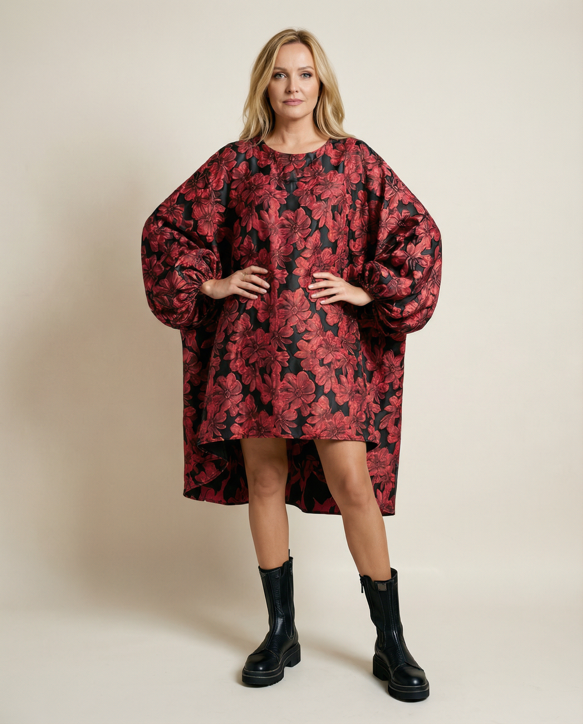 Red Floral Lantern Sleeve Asymmetrical Winter Dress – High-Low Pullover Style-SimpleModerne