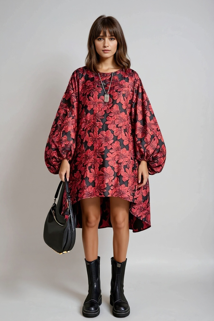 Red Floral Lantern Sleeve Asymmetrical Winter Dress – High-Low Pullover Style-SimpleModerne