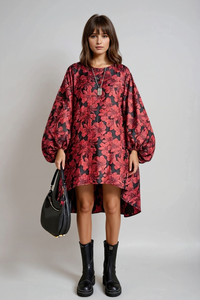 Red Floral Lantern Sleeve Asymmetrical Winter Dress – High-Low Pullover Style-SimpleModerne