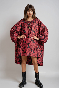 Red Floral Lantern Sleeve Asymmetrical Winter Dress – High-Low Pullover Style-SimpleModerne