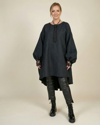 Oversized Lantern Sleeve Dress with Asymmetrical Hemline – Gothic Inspired Minimalism-SimpleModerne