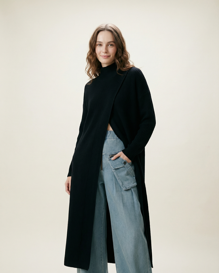 Asymmetrical Split Turtleneck Pullover - Oversized Fit, Cozy Winter Essential-SimpleModerne