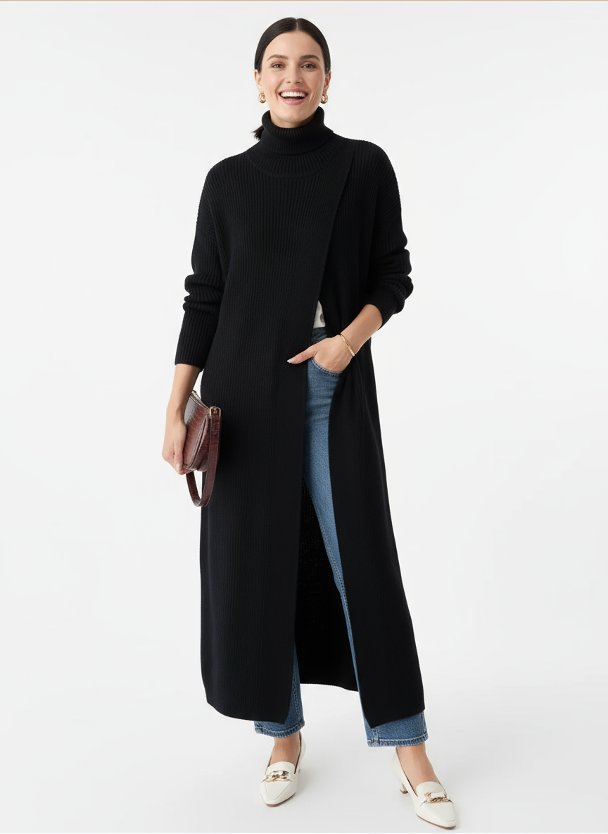 Asymmetrical Split Turtleneck Pullover - Oversized Fit, Cozy Winter Essential-SimpleModerne