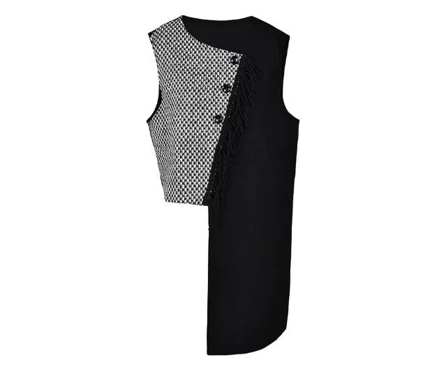 Asymmetrical Patchwork Vest with Fringe Decoration – Edgy Office Style-SimpleModerne