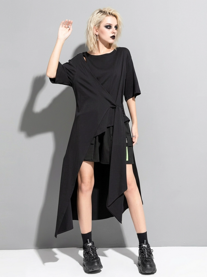 Casual Punk Irregular Design Maxi Black Shirt-SimpleModerne