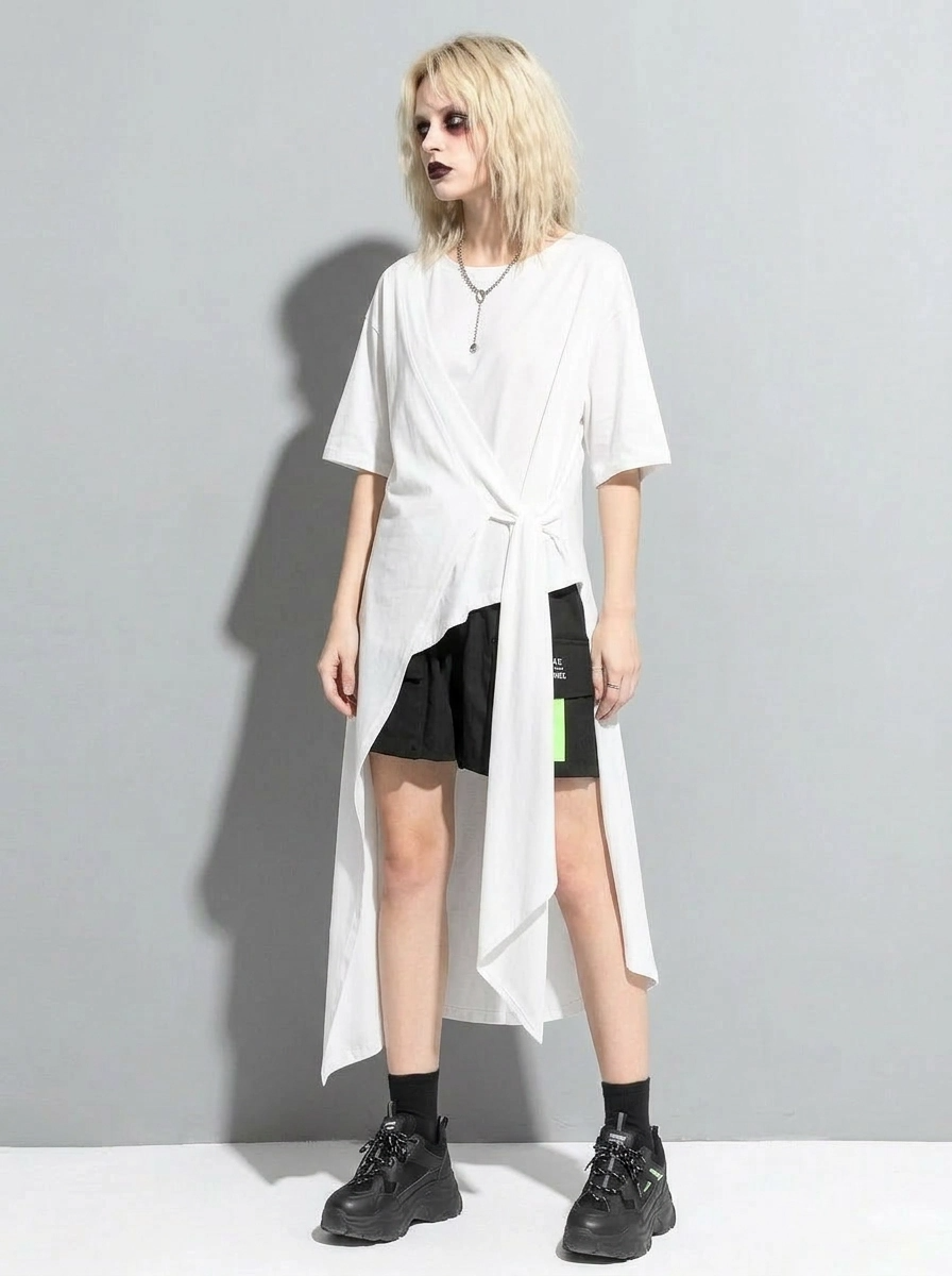 Casual Punk Irregular Design Maxi White Shirt-SimpleModerne