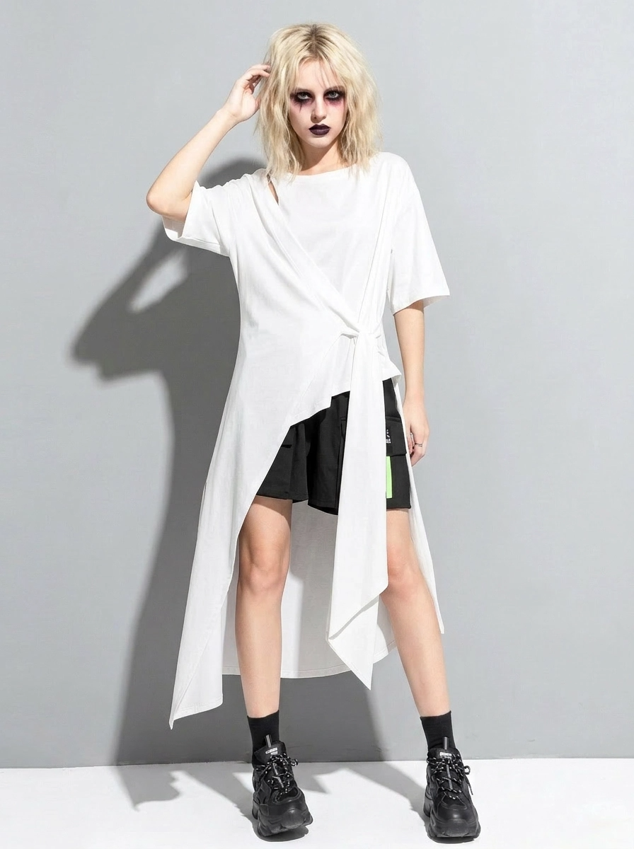 Casual Punk Irregular Design Maxi White Shirt-SimpleModerne