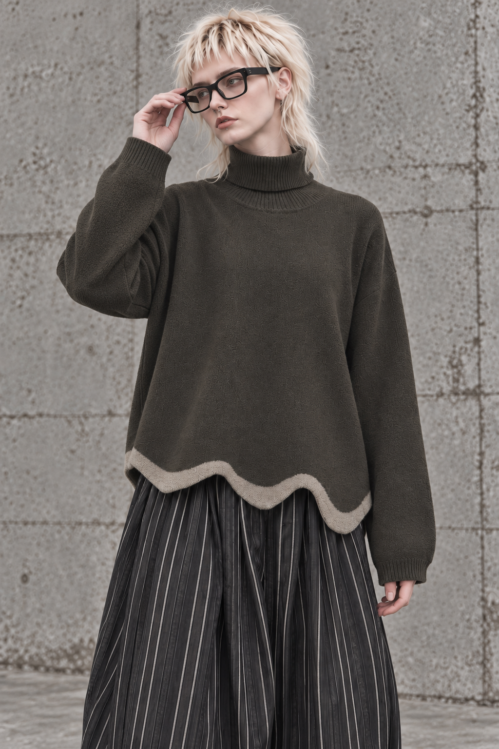 Limited Edition Dark Green Wave Hem Turtleneck Pullover-SimpleModerne