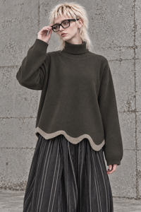 Limited Edition Dark Green Wave Hem Turtleneck Pullover-SimpleModerne