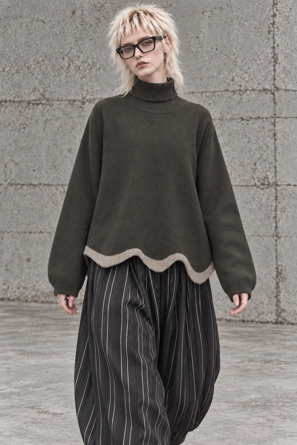 Limited Edition Dark Green Wave Hem Turtleneck Pullover-SimpleModerne