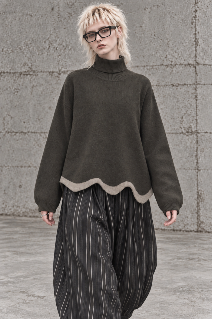 Limited Edition Dark Green Wave Hem Turtleneck Pullover