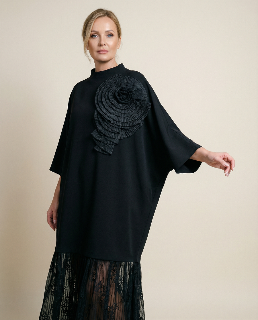 Oversized 3D Flower Pullover Dress with Lace Hem-SimpleModerne