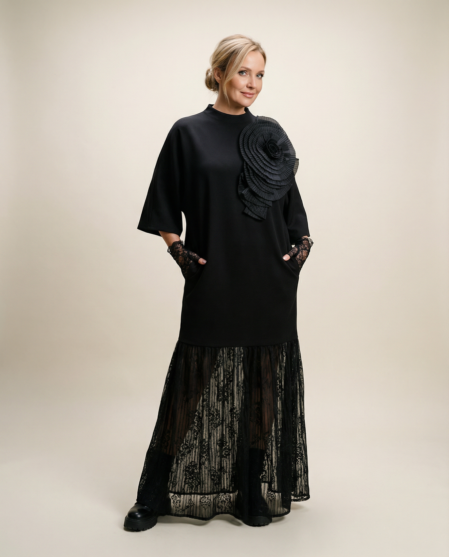 Oversized 3D Flower Pullover Dress with Lace Hem-SimpleModerne