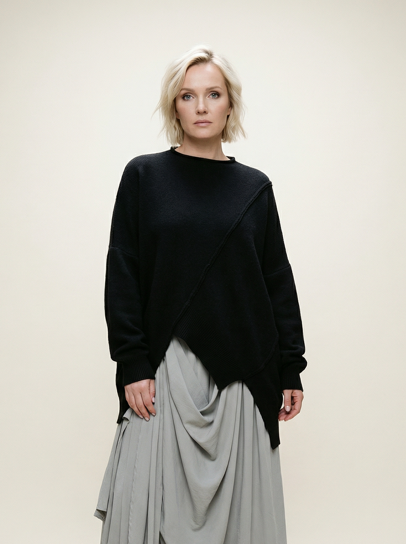 Oversized Black Knit Sweater – Asymmetrical Hem & Raglan Sleeves-SimpleModerne