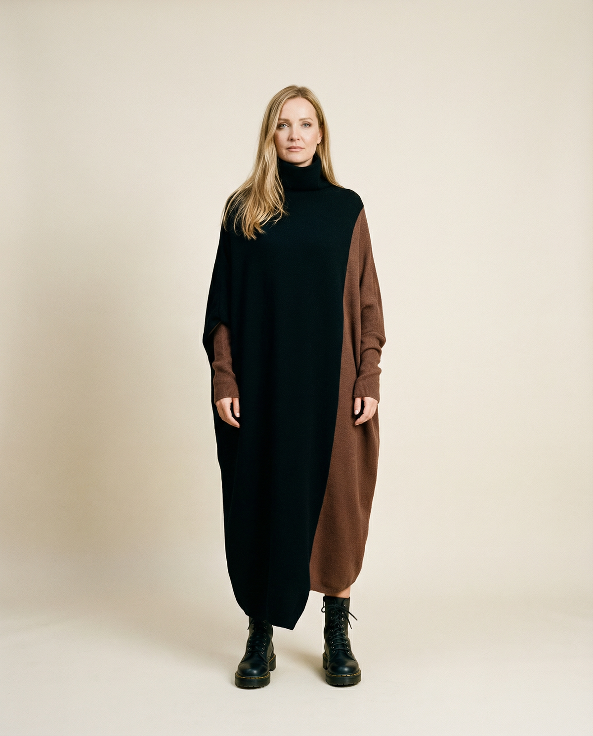 Oversized Coffee Brown & Black Colorblock Knit Maxi Pullover Dress Asymmetrical Turtleneck Statement Oversized Coffee Brown & Black Colorblock Knit Maxi Pullover Dress Asymmetrical Turtleneck Statement