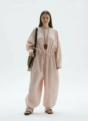 Industrial Wide-Leg Jumpsuit with Adjustable Waist — Blush Pink-SimpleModerne