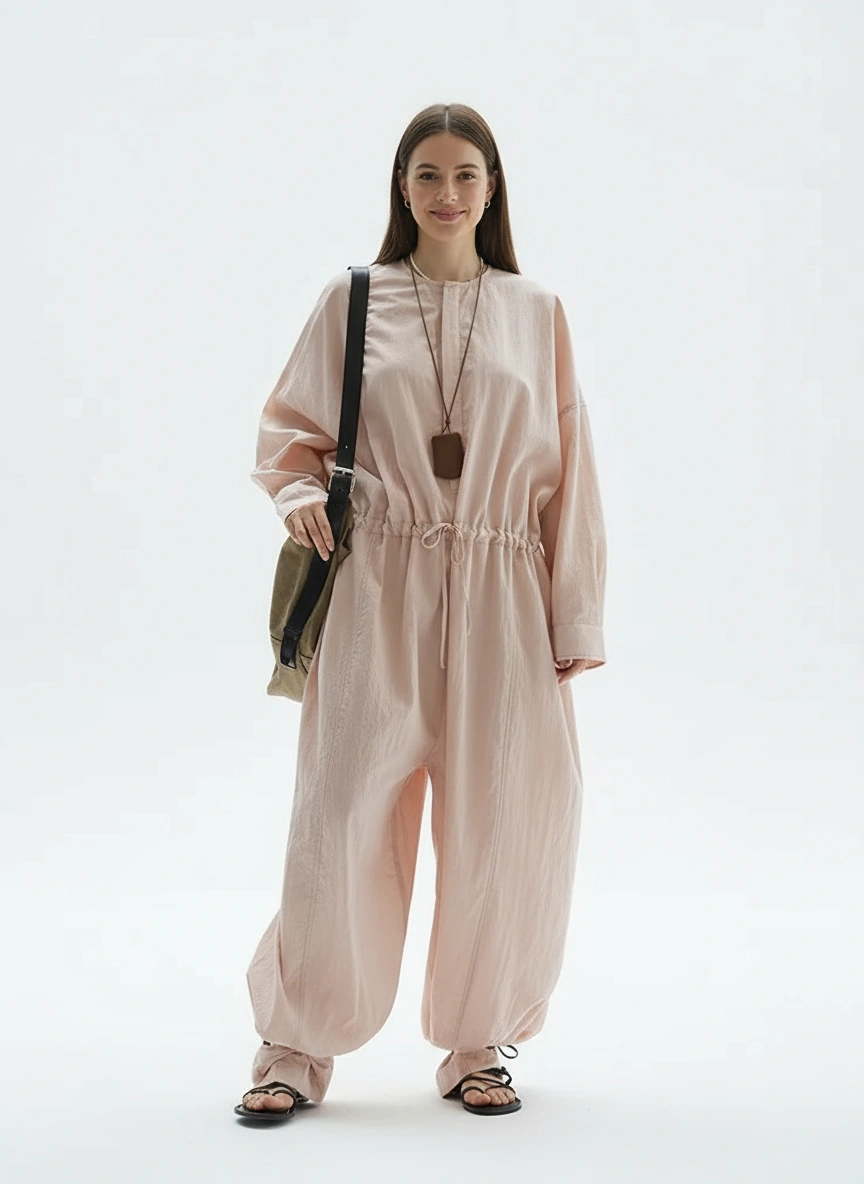 Industrial Wide-Leg Jumpsuit with Adjustable Waist — Blush Pink-SimpleModerne