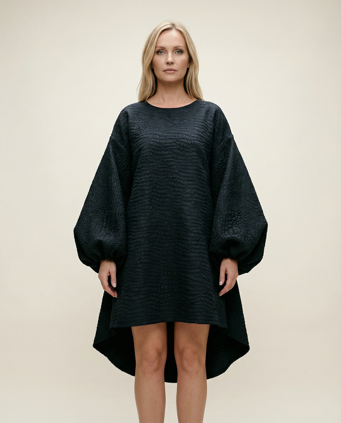 Oversized Lantern Sleeve Dress with Asymmetrical Hemline – Gothic Inspired Minimalism-SimpleModerne