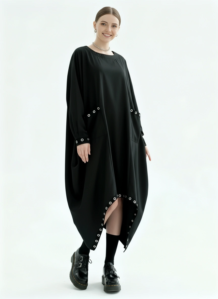 Oversized Rivet-Trim Pullover Dress – Punk-Inspired Cocoon Fit-SimpleModerne