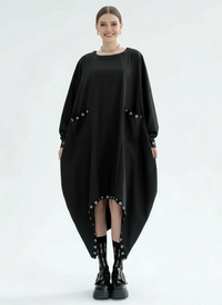 Oversized Rivet-Trim Pullover Dress – Punk-Inspired Cocoon Fit-SimpleModerne