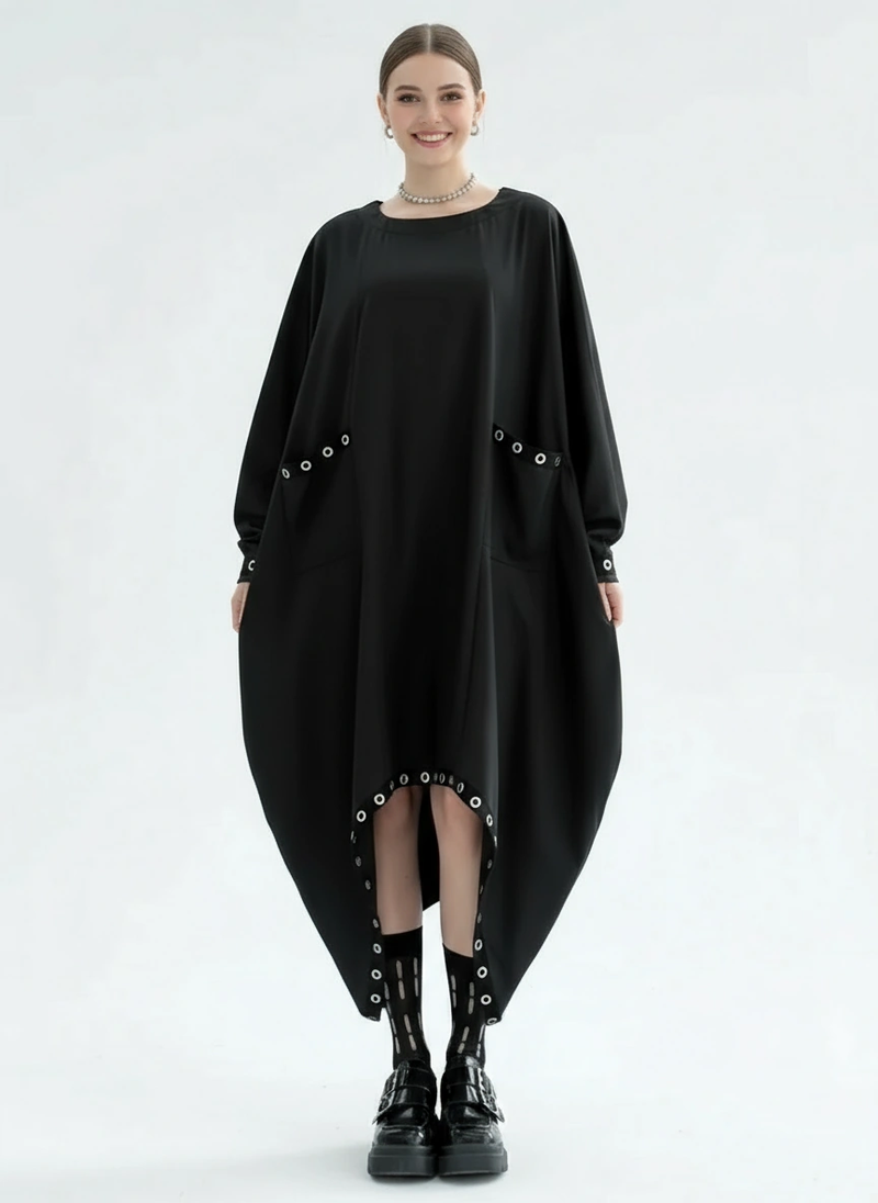 oversized cocoon dress Oversized Rivet-Trim Pullover Dress – Punk-Inspired Cocoon Fit