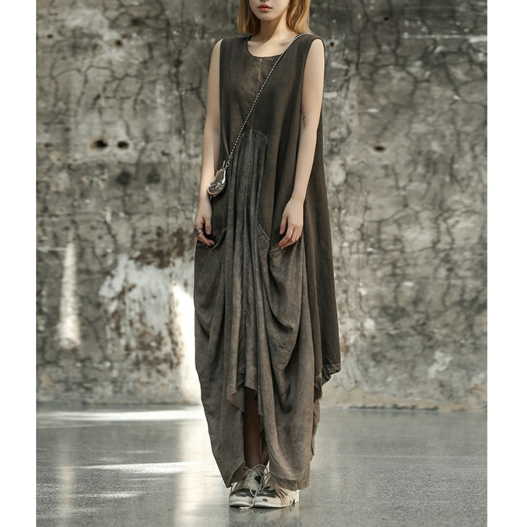 Casual Minimal Goth Maxi Irregular Design Gray Dress-SimpleModerne