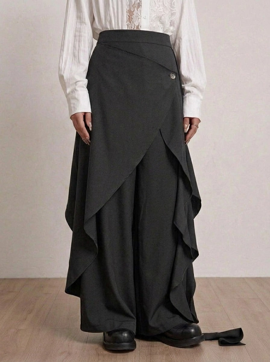 Black Deconstructed Layered Wide Leg Trousers