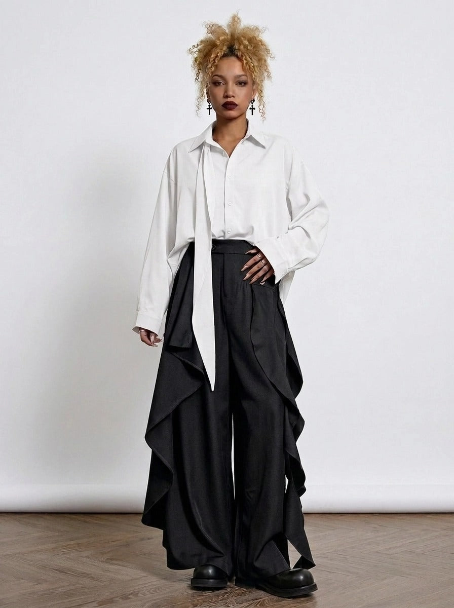 Black Deconstructed Layered Wide Leg Trousers