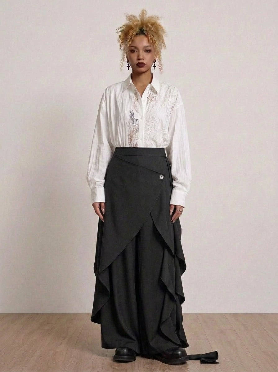 Black Deconstructed Layered Wide Leg Trousers
