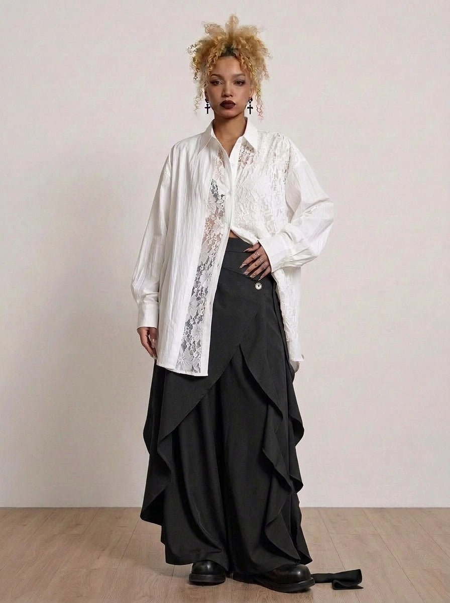 Black Deconstructed Layered Wide Leg Trousers