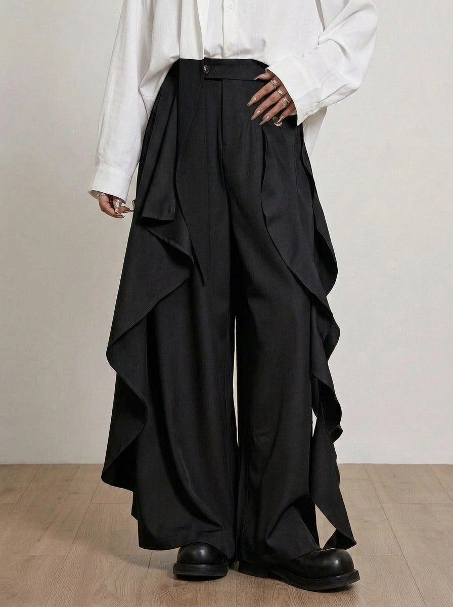Black Deconstructed Layered Wide Leg Trousers