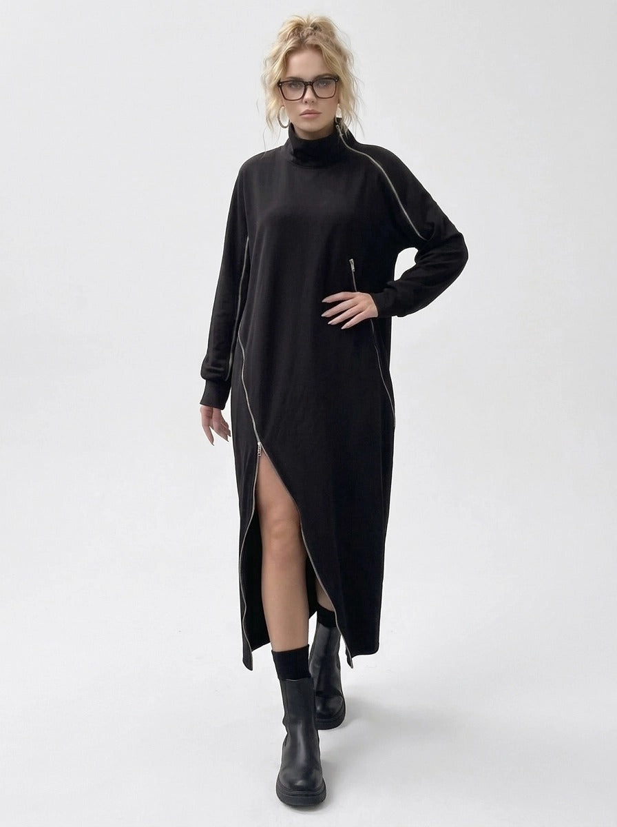 Zip It Black Turtleneck Pullover Dress-SimpleModerne