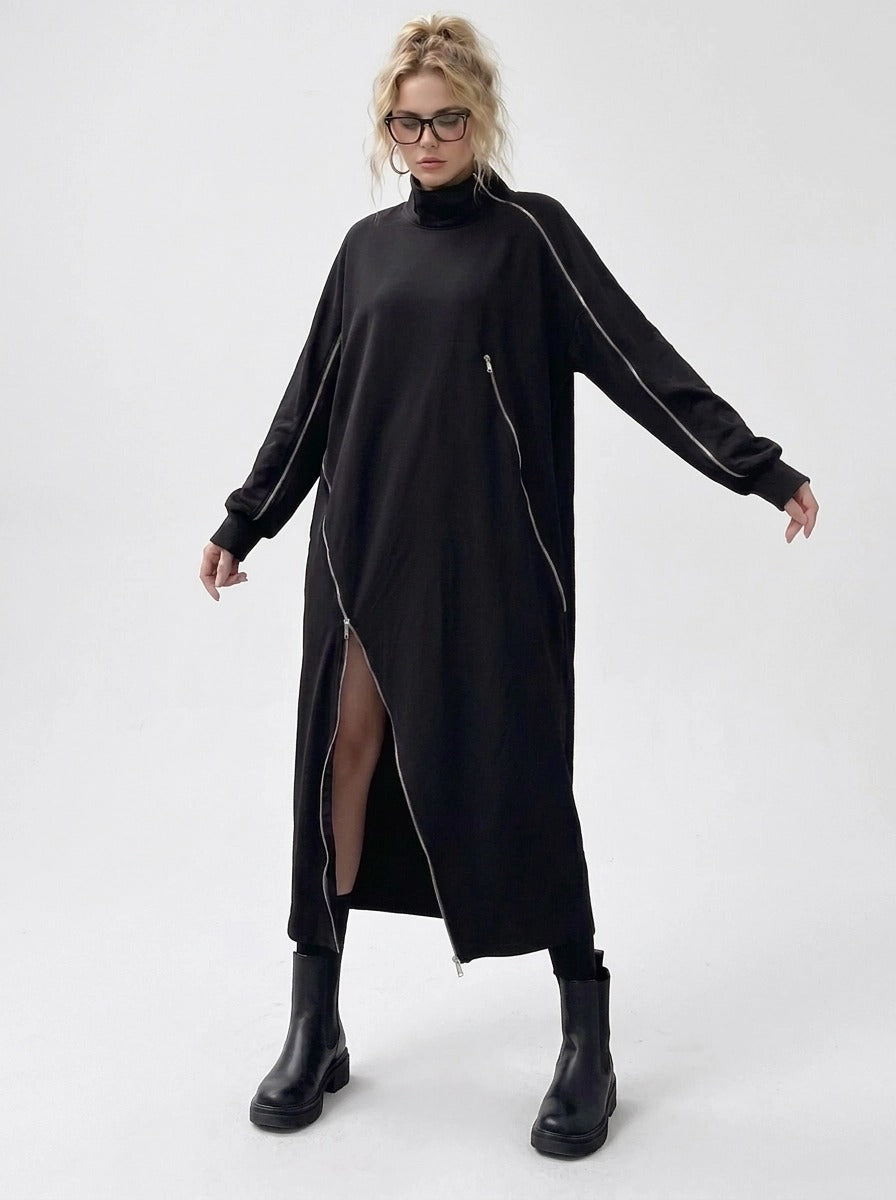 Zip It Black Turtleneck Pullover Dress-SimpleModerne