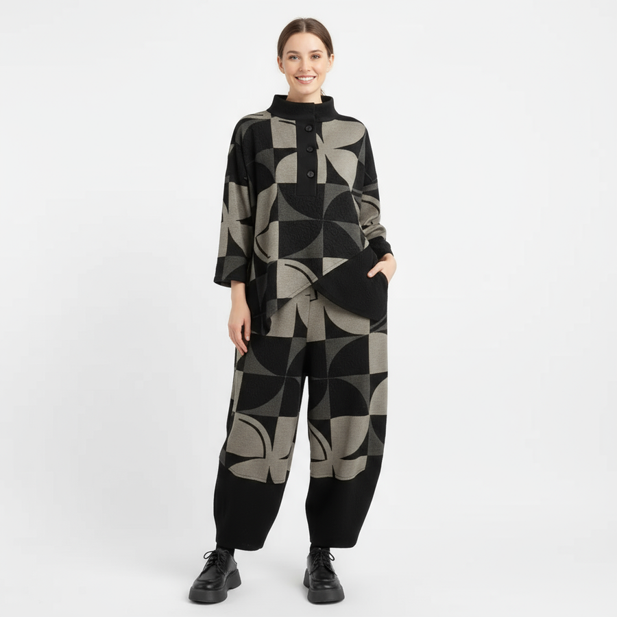 Oversized Geometric Print Two-Piece Set – Relaxed Fit Knit Lounge Wear-SimpleModerne